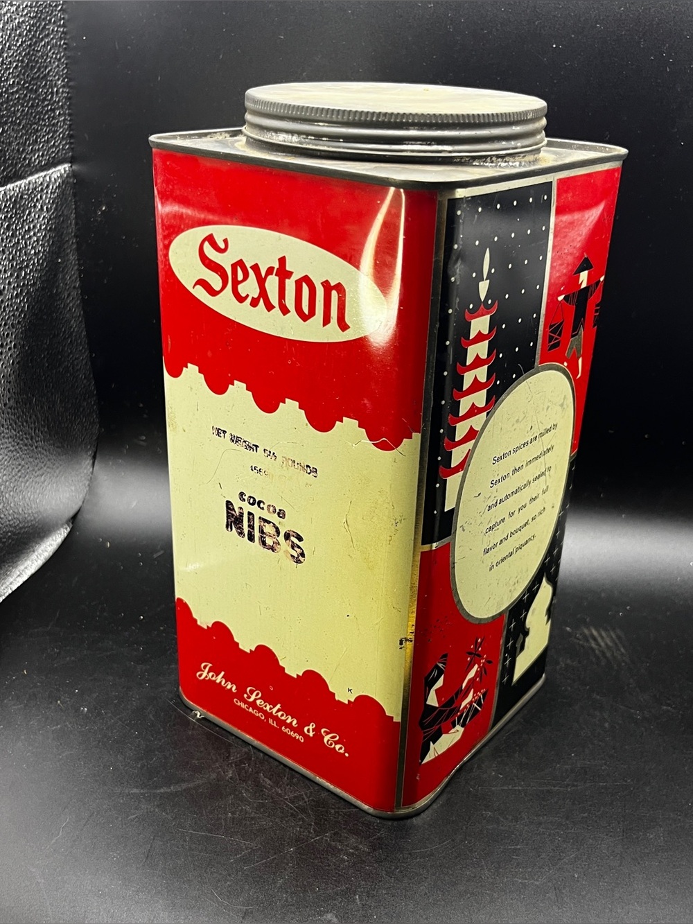 Vintage Sexton Cocoa Nibs Tin Large Institutional Canister Chicago Advertising